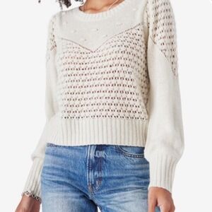 Lucky Brand Womens Sweater Ivory Knit Pullover‎ Small Pointelle Puff Sleeve Boho